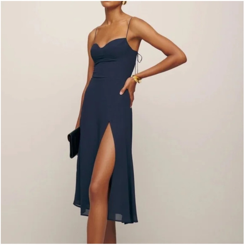 Reformation Kourtney Midi Dress Smocked Navy Blue 6